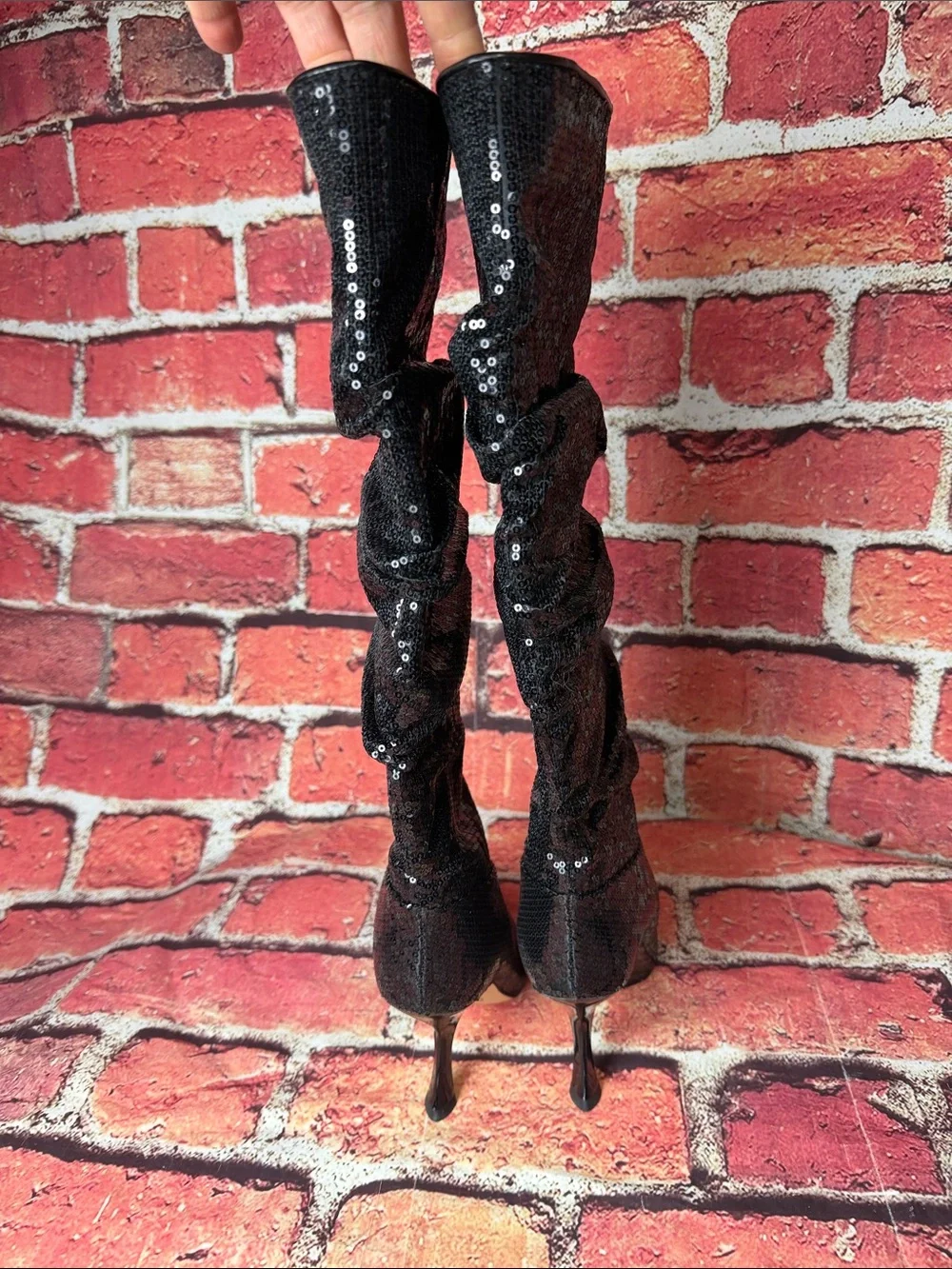 Black Sequin Knee-High Pointed Toe Heeled Boots - Women